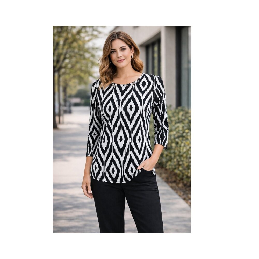Ruby Rd Top Womens Size Small Black White Geometric Cotton‎ Casual ikat Pullover